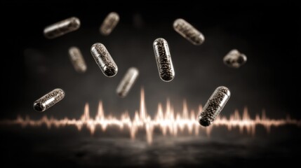 Fototapeta premium Floating Black Capsules Above Sound Wave Illustration in Dark Background with Blurred Smoke Effect