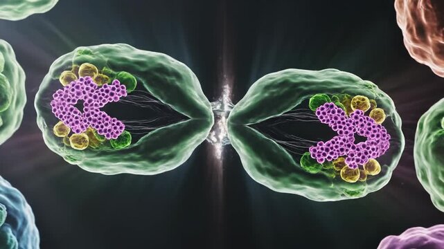 Microscopic view of dividing cell, nucleus replicating and cytoplasm splitting, intricate biological process, scientific research, medical illustration