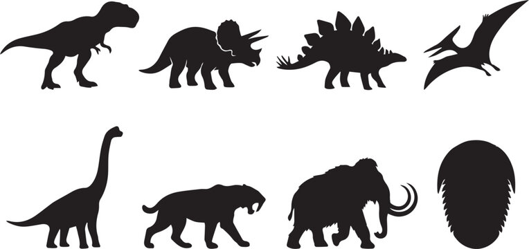 Collection of prehistoric animals and dinosaur silhouettes isolated on a clean white background for graphic design
