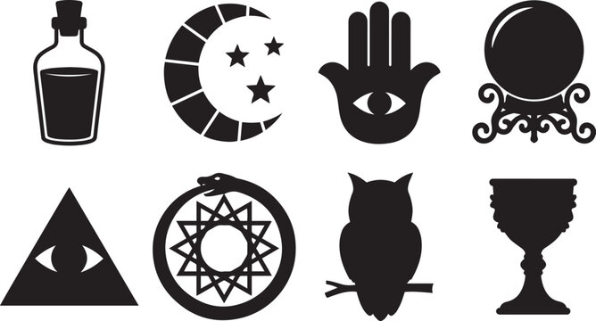 Mystical and esotericism black silhouette vector icon set featuring crescent moon, crystal ball, hamsa hand, and ouroboros