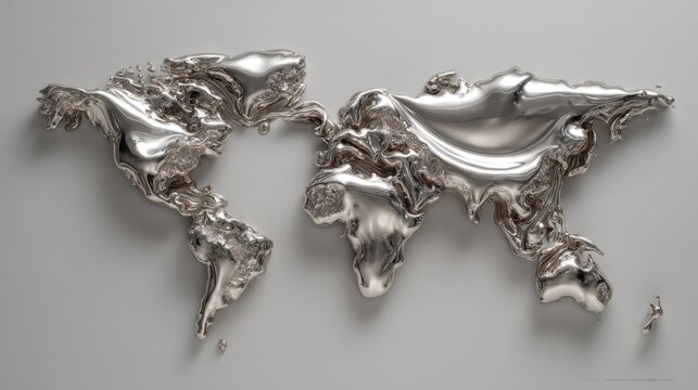 Abstract silver world map sculpture showcasing fluid shapes and modern design for artistic and travel themes