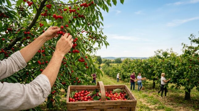 Picking Ripe Cherries From Orchard Trees Outdoors