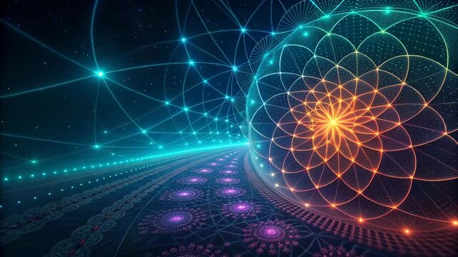 Abstract glowing network orb with fractal patterns in a futuristic digital landscape