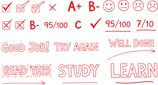 A collection of hand-drawn red ink style educational elements, including grading marks, assessment scores, motivational phrases, and instructional feedback for teachers and students.