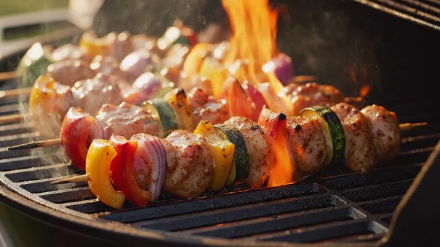 Grilled shish kebab skewers with roasted meat cooking over a barbecue grill fire outdoors