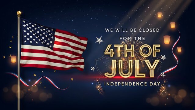 We will be closed on the fourth of july independence day with american flag and patriotic holiday background