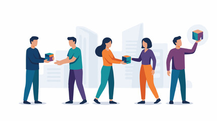 Fototapeta premium Colorful illustration of people passing boxes in a line