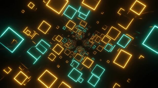 Abstract orange and cyan neon squares flying through a futuristic tunnel in dark digital space
