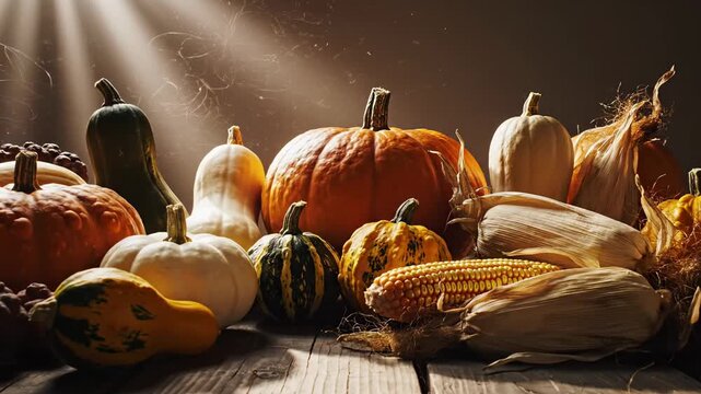 abundant harvest of colorful pumpkins gourds and corn on a rustic wooden surface, autumn season celebration, thanksgiving holiday food display