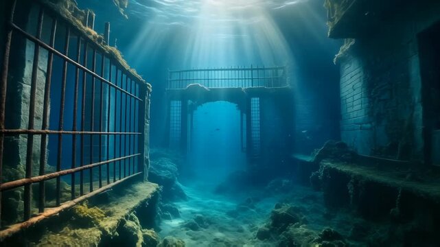 Submerged ancient stone building ruins with iron bars and mossy walls deep under the sea