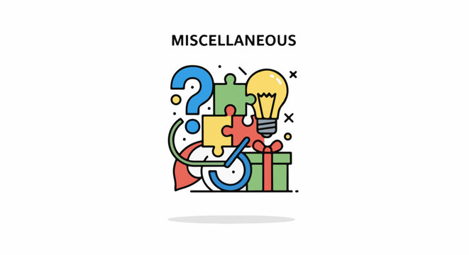 Colorful miscellaneous icons including question mark, puzzle pieces, light bulb, clock, and gift box