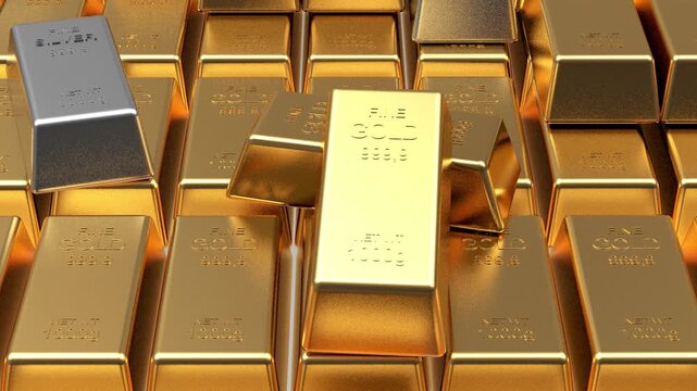 Shiny gold and silver bullion bars stacked in rows with a central gold ingot prominently lit as the camera slowly pushes in, 3D render
