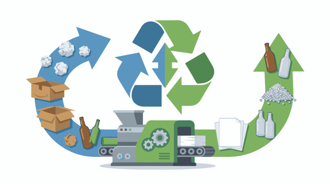 A colorful illustration of recycling process with arrows and machines