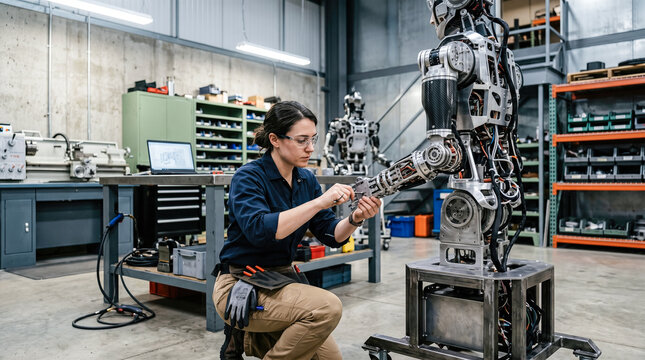 Focused female robotics engineer wearing safety glasses repairs exposed mechanical arm structure on complex humanoid robot inside busy industrial manufacturing workshop