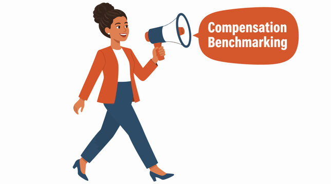 Woman holding megaphone for compensation benchmarking announcement.