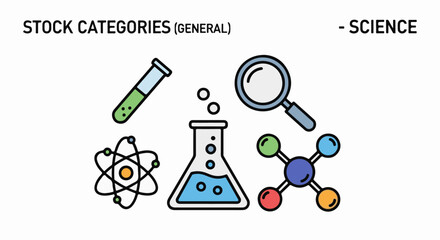 Naklejka premium Colorful science icons including test tube, atom, flask, magnifying glass, and molecule
