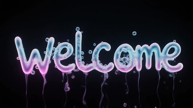 Translucent pink and blue liquid welcome text dripping and bubbling on a black background