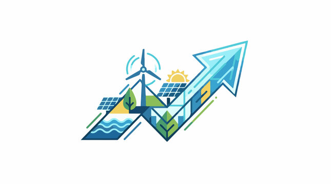 A colorful illustration of renewable energy growth with wind turbines solar panels and sun