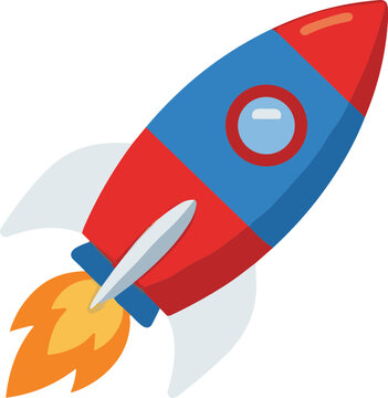 Colorful cartoon rocket ship blasting off with fiery exhaust, space travel concept