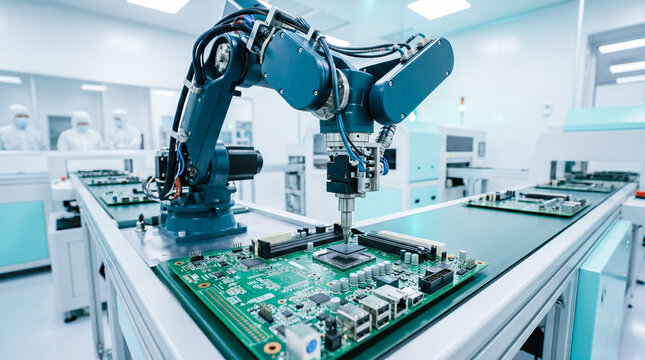 Advanced blue robotic arm assembling electronic circuit board on automated conveyor belt inside modern sterile semiconductor manufacturing factory with engineers watching
