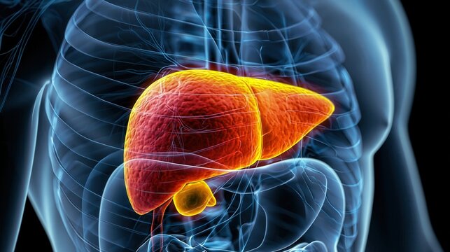 Human liver and gallbladder are glowing within a transparent 3D model of the torso, representing medical insight.