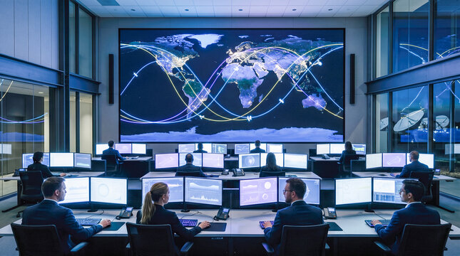 Intelligence team monitoring global satellite communication networks showing orbital tracking data across massive futuristic digital dashboard inside dark corporate operations center