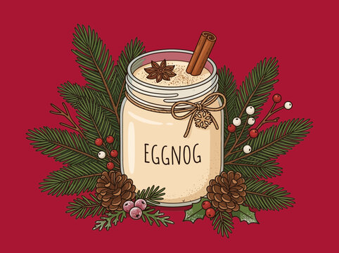 Festive Eggnog in a Mason Jar Decorated with Christmas Pine Branches and Berries