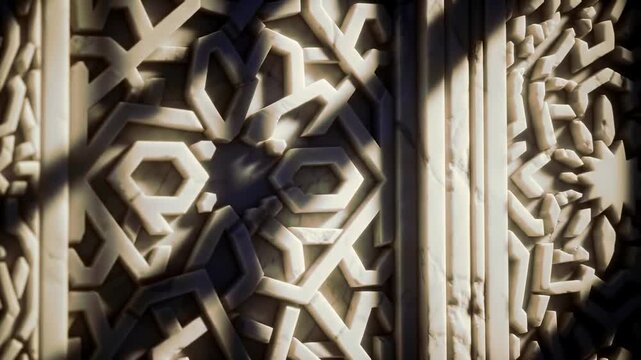 detailed geometric islamic pattern carved into white marble, intricate architectural detail, natural light and shadow play, ornamental texture
