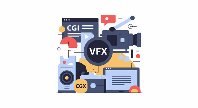 Colorful graphic illustration of visual effects and computer-generated imagery tools