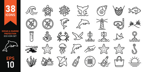 Fototapeta premium Ocean and Marine Protection Icons - Sea Life, Conservation, and Ecology, Marine Life and Ocean Conservation, Eco-Friendly Ocean Protection Line Art Vector Set