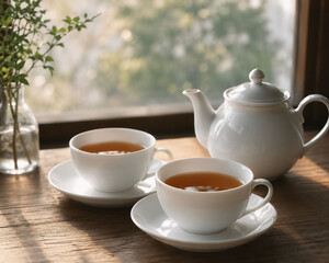 Fototapeta premium Tea cups, white ceramic teacups, saucers, teapot on wooden table, morning sunlight