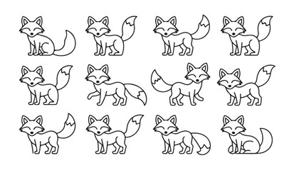 Obraz premium Set of vector outline cartoon foxes, cute forest animal characters in various poses.