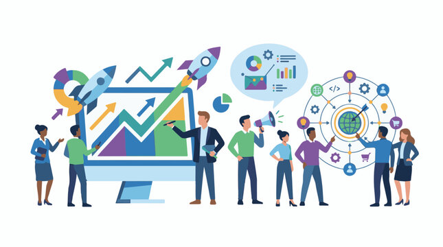 A colorful illustration showcasing a group of diverse people interacting with a large computer monitor displaying a grap