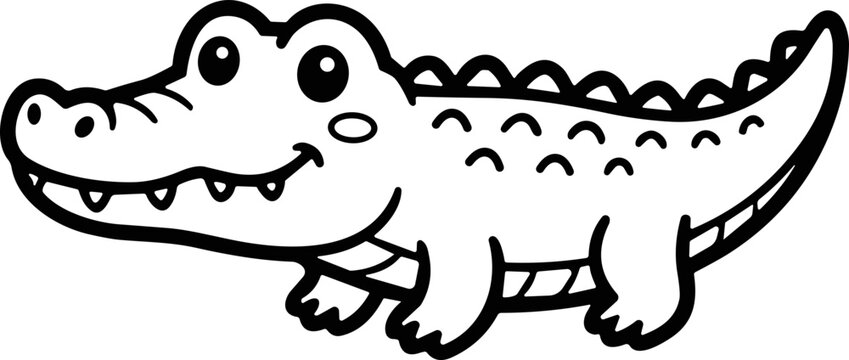 Cute cartoon alligator illustration, black and white, simple line art, for kids coloring pages