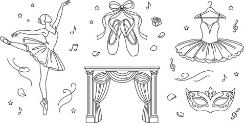 Ballet dancer and theater stage line icon set featuring ballerina pointe shoes and tutu © MDBABULU