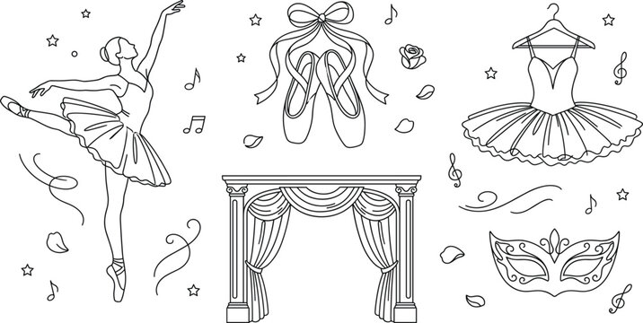 Ballet dancer and theater stage line icon set featuring ballerina pointe shoes and tutu