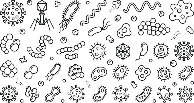 Bacteria virus and microbe line icon set featuring microscopic pathogens cells and biological organisms