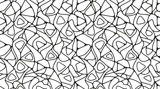 Geometric seamless pattern with interlocking black lines and rounded shapes on a white background