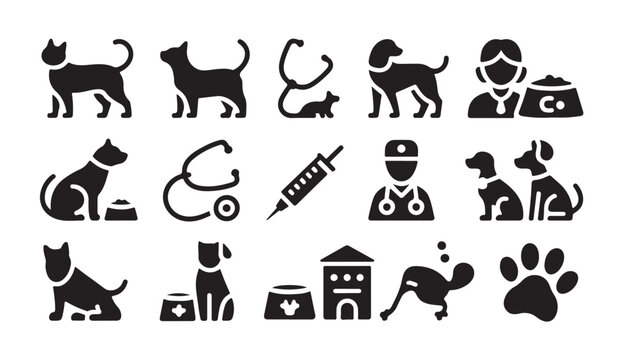 Veterinary medicine icons with pets doctor stethoscope syringe and pet clinic equipment.