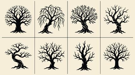 Set of eight black silhouette trees with bare branches and twisted trunks on a light beige background © MD