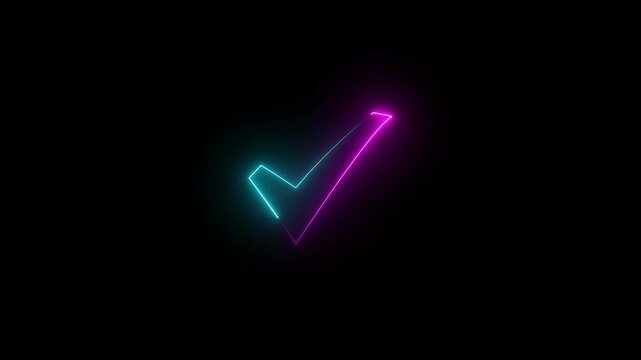 Cyan and purple neon glowing checkmark icon isolated on black background representing success approval and completed achievement
