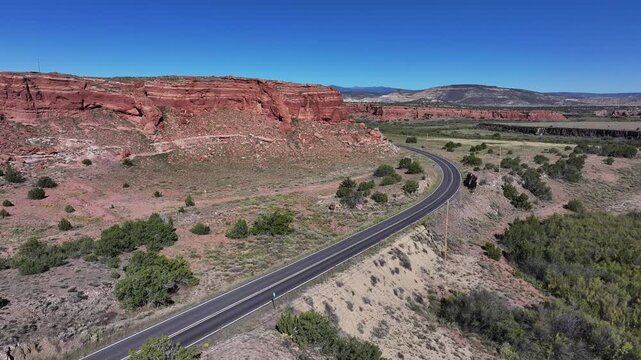 Aerial view of transportation scenery along Route 66 in New Mexico, USA