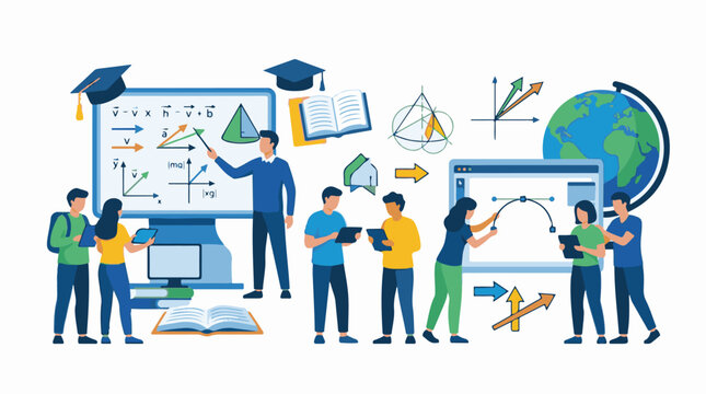 A colorful illustration of seven people collaborating around computer screens displaying math equations and graphs