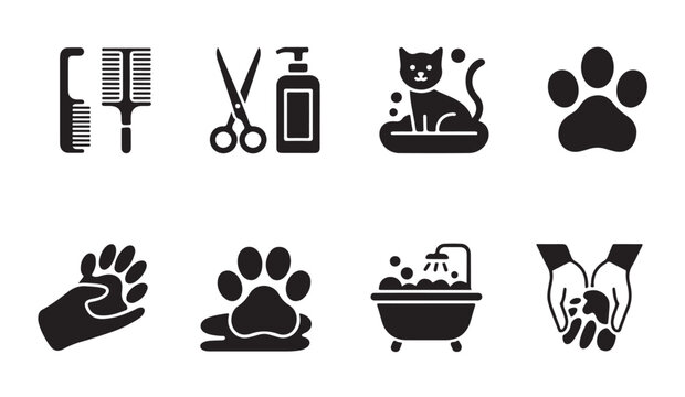 Black silhouette icons set of professional pet grooming tools and cat bathing accessories kit.