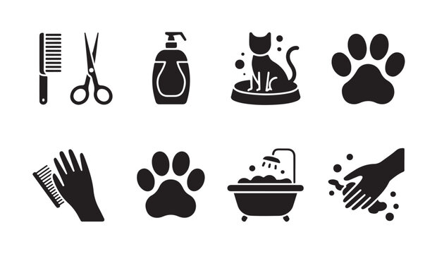 Pet grooming and hygiene icons collection with bath tools and accessories for dog and cat.
