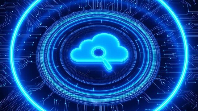 Blue neon cloud search icon on circuit board