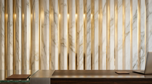 Luxury executive corporate office desk laptop elegant vertical marble gold stripes wall modern minimal workspace interior professional business empty background design