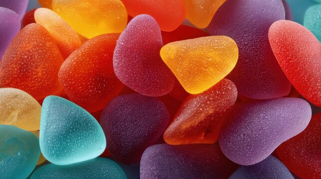 Colorful Candy Jellies in Various Shapes Displayed in a Vibrant Arrangement on a Blue Background