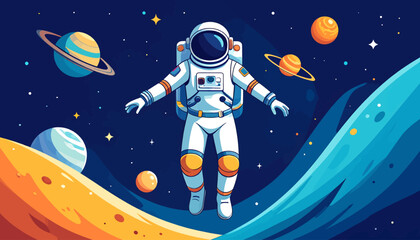 Astronaut floating in outer space with planets and stars 1. © Ridwan