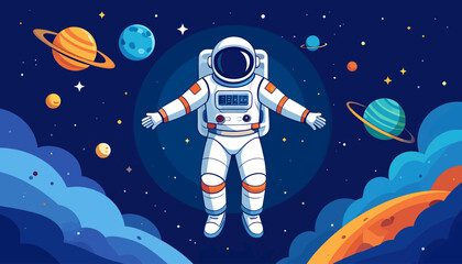 Astronaut floating in outer space with planets and stars. © Ridwan